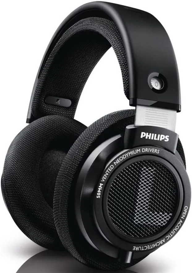 Photo of Philips SHP9500 headphones. Large, with big squishy ear pads, and lightweight plastic construction