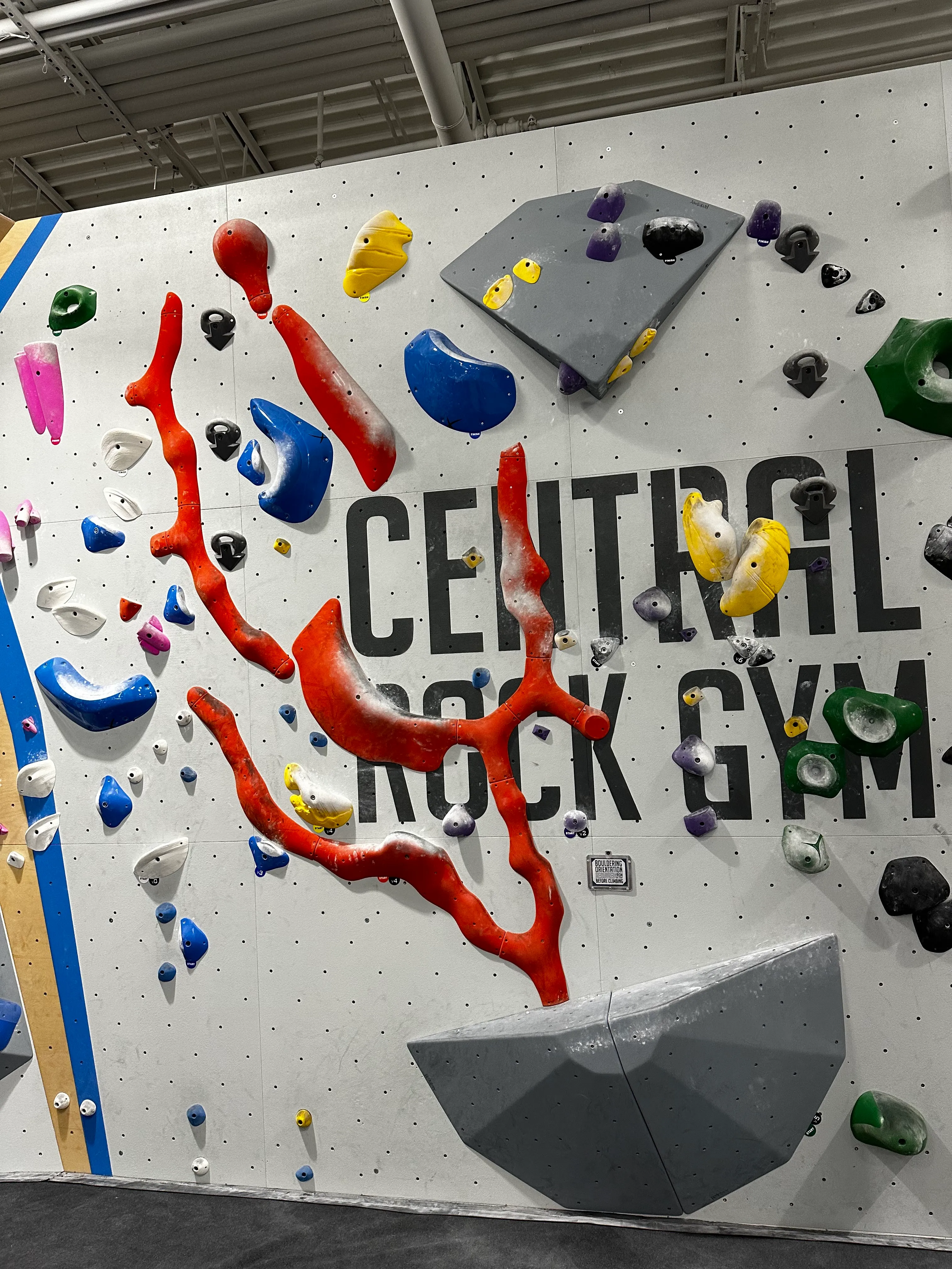 Photo of a colorful bouldering wall at a rock gym. Three-dimensional shapes and fake rocks protrude from a slanted wall, marked with scuff marks and chalk.